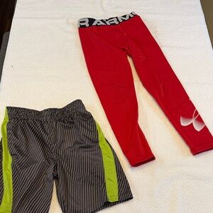 Under Armour Red Compression Pants and Russel Gray Striped Athletic Shorts